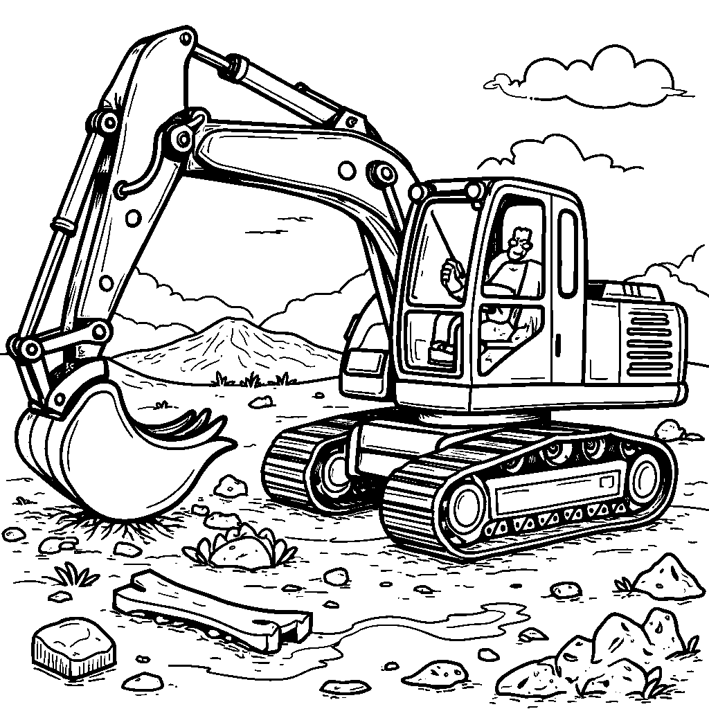 Cartoon excavator digging for dinosaur bones