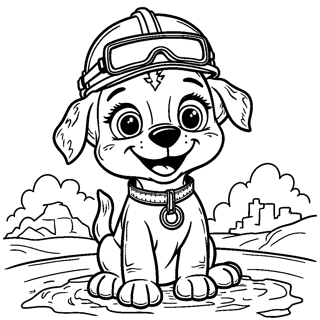 A cheerful construction site guard puppy