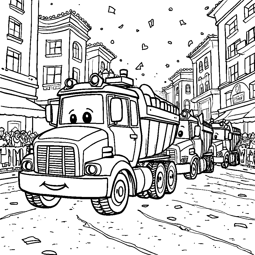 A cheerful construction vehicle parade with music