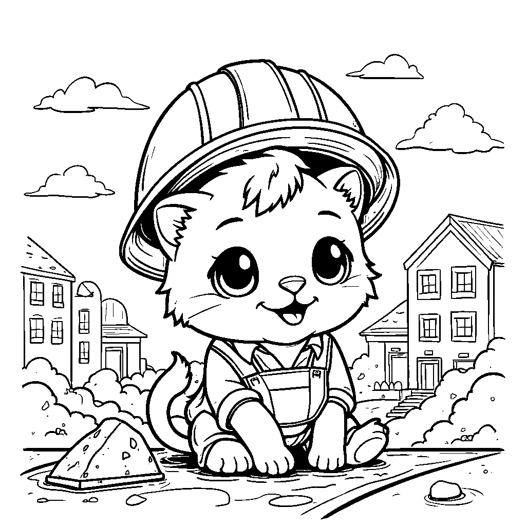 A cute cartoon kitten wearing a hard hat at a construction site