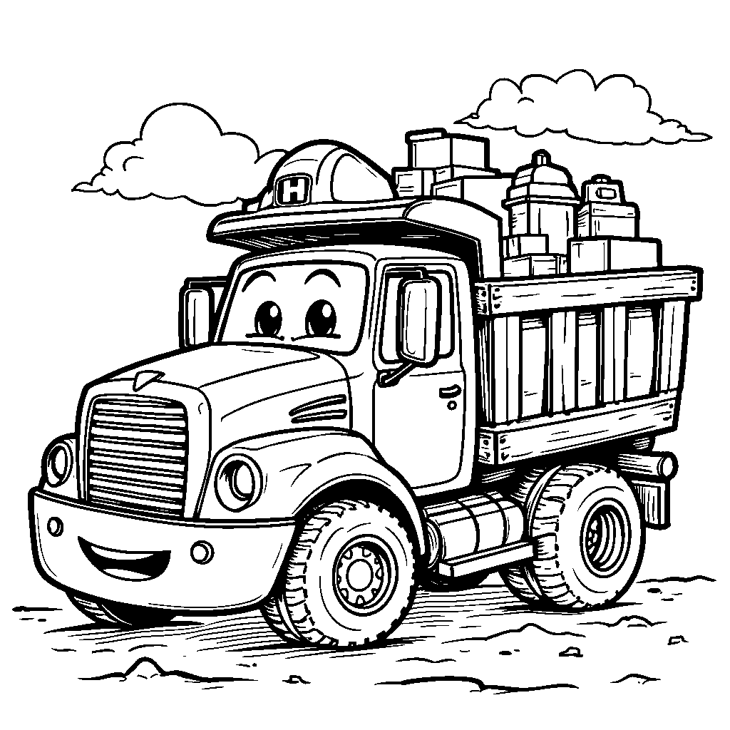 A friendly cartoon truck carrying building materials