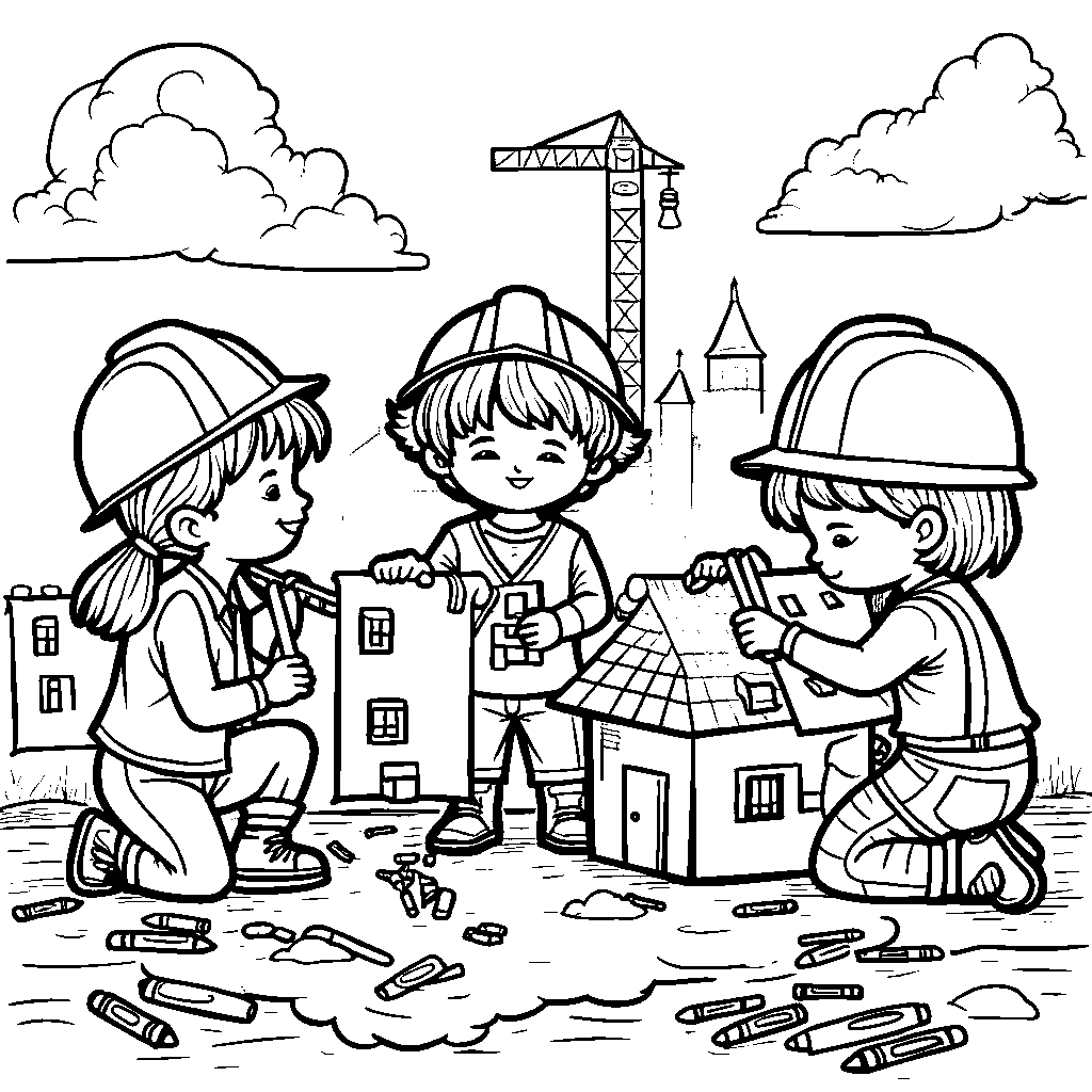 A playful scene of kids drawing their dream house at a site