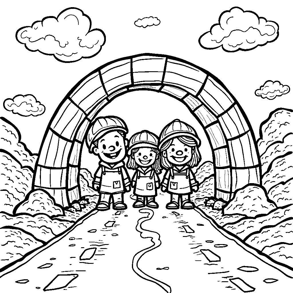 A rainbow tunnel being constructed with happy workers