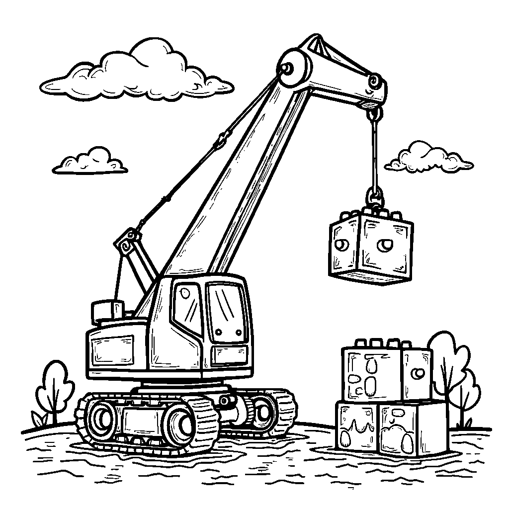 A whimsical crane lifting a cartoon building block