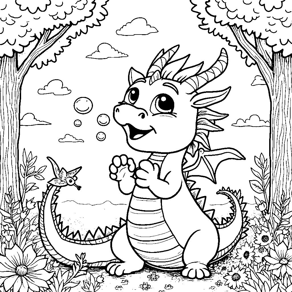 A dragon blowing bubbles in a magical forest