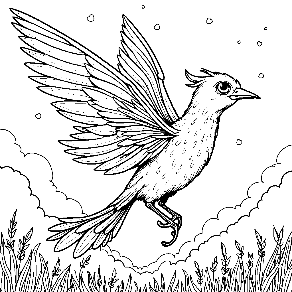 A fairy flying on the back of a rainbow-colored bird