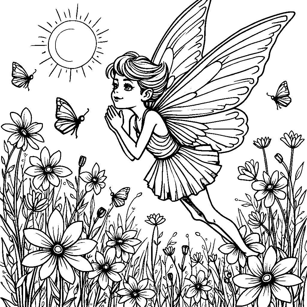 A fairy flying through a field of flowers