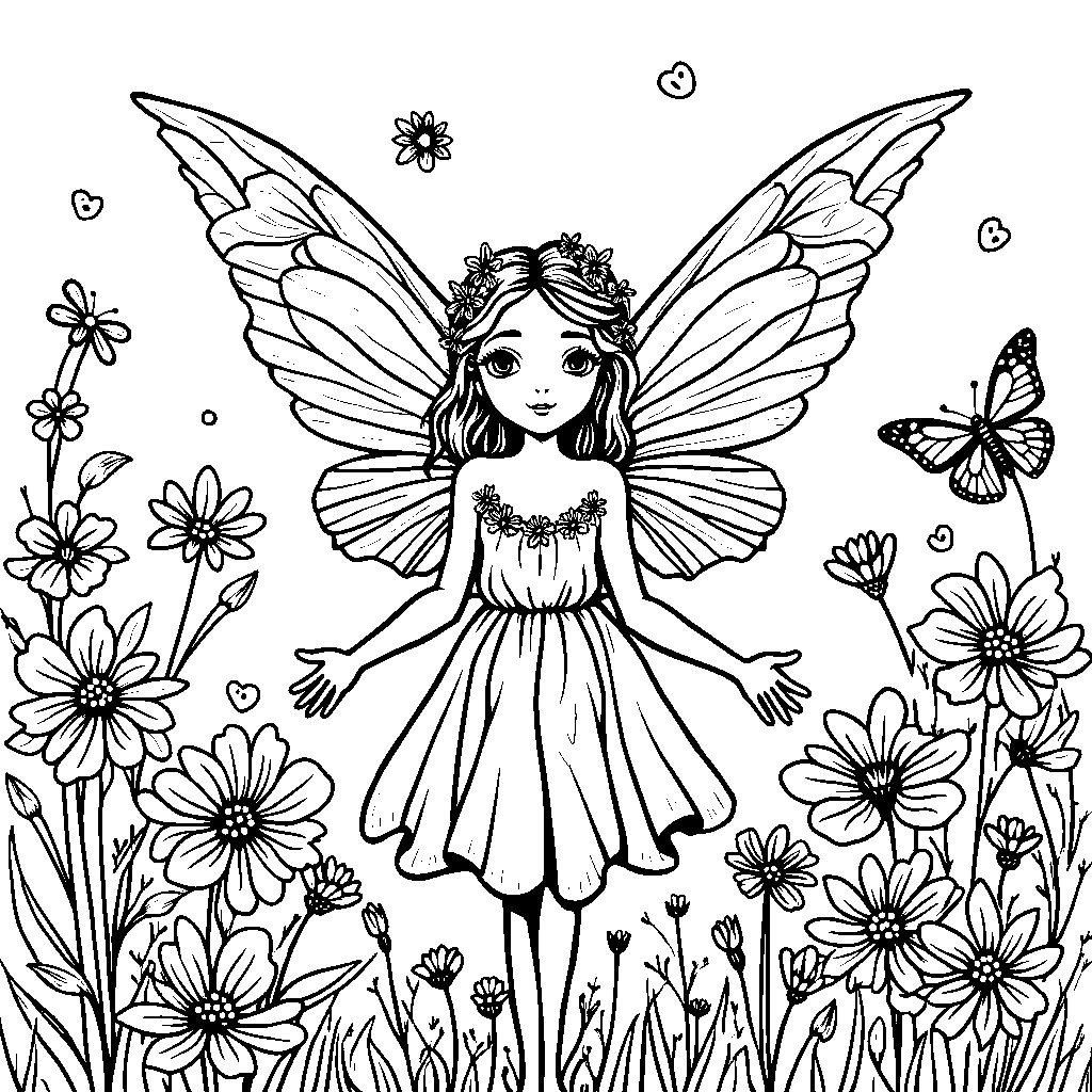 A fairy surrounded by flowers and butterflies