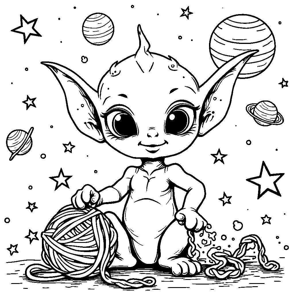 A friendly alien playing with a ball of yarn