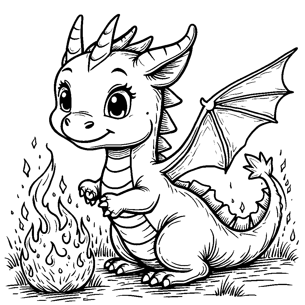 A friendly dragon playing with a ball of fire