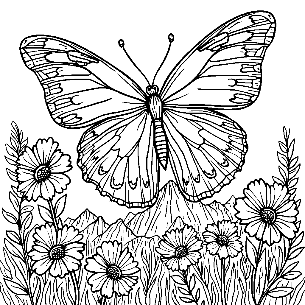 A giant butterfly perched on a flower-covered mountain