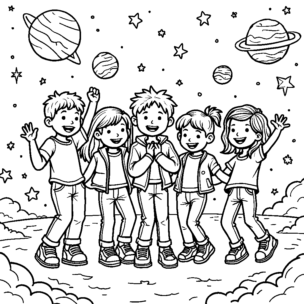 A group of kids having a dance party in space