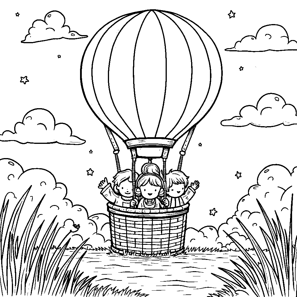 A group of kids having a picnic in a hot air balloon