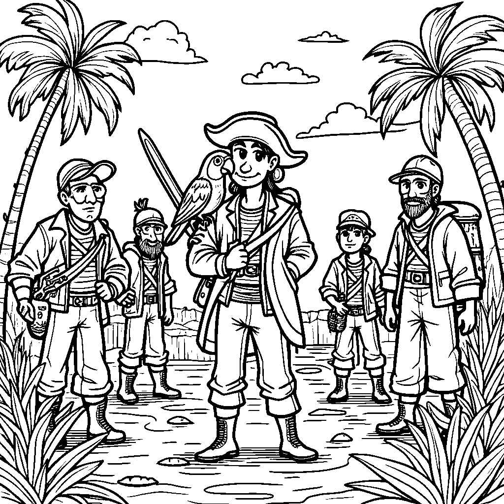 A group of pirates searching for treasure on a deserted island