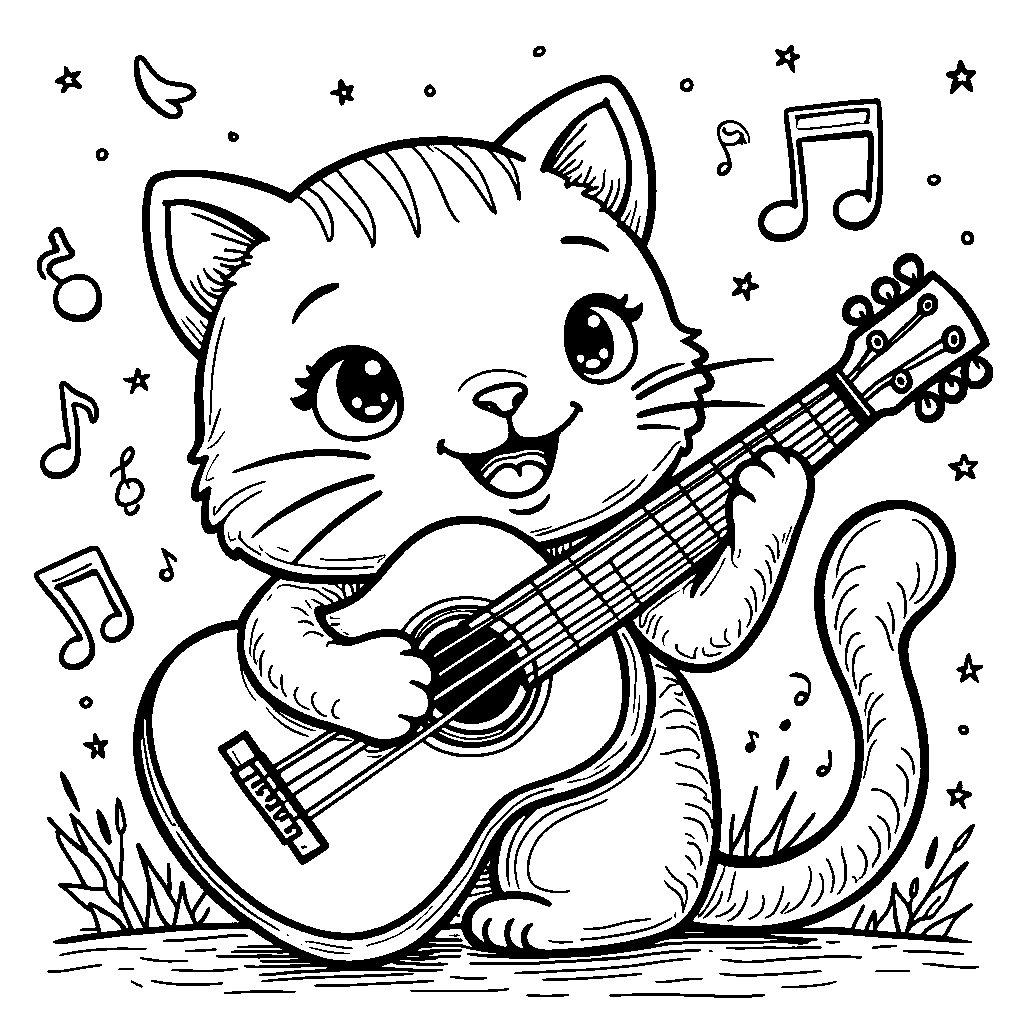 A happy cat playing a guitar