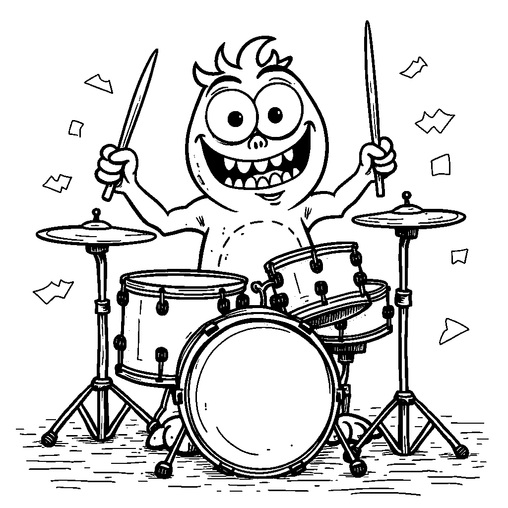 A happy monster playing the drums