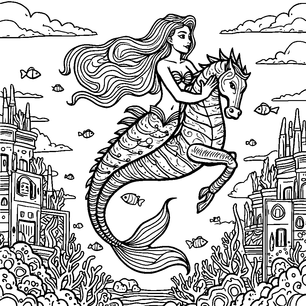 A mermaid riding a seahorse through an underwater city