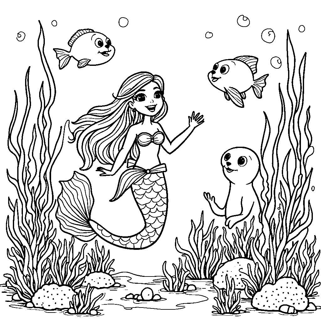 A mermaid singing with a group of underwater creatures