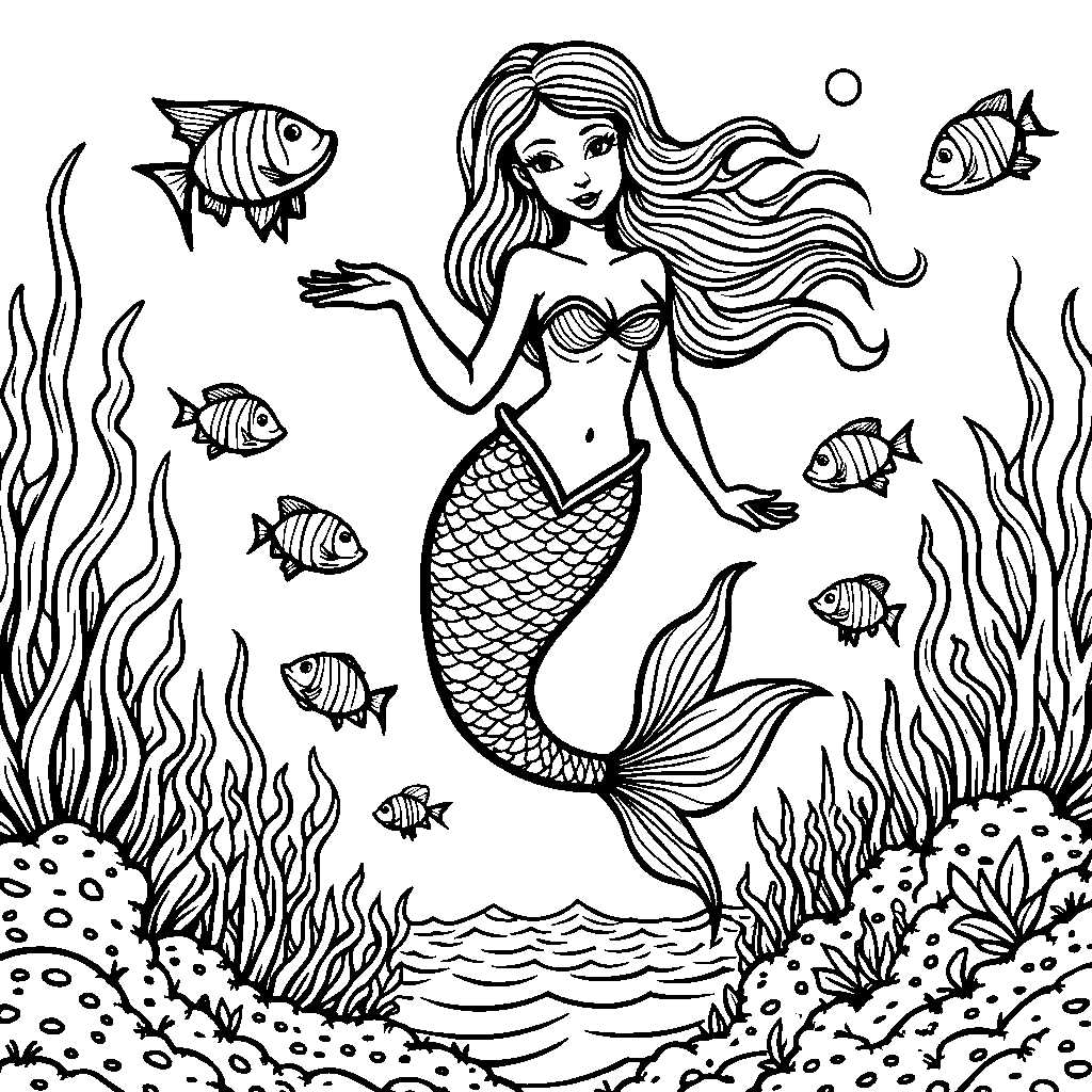 A mermaid swimming with a school of colorful fish