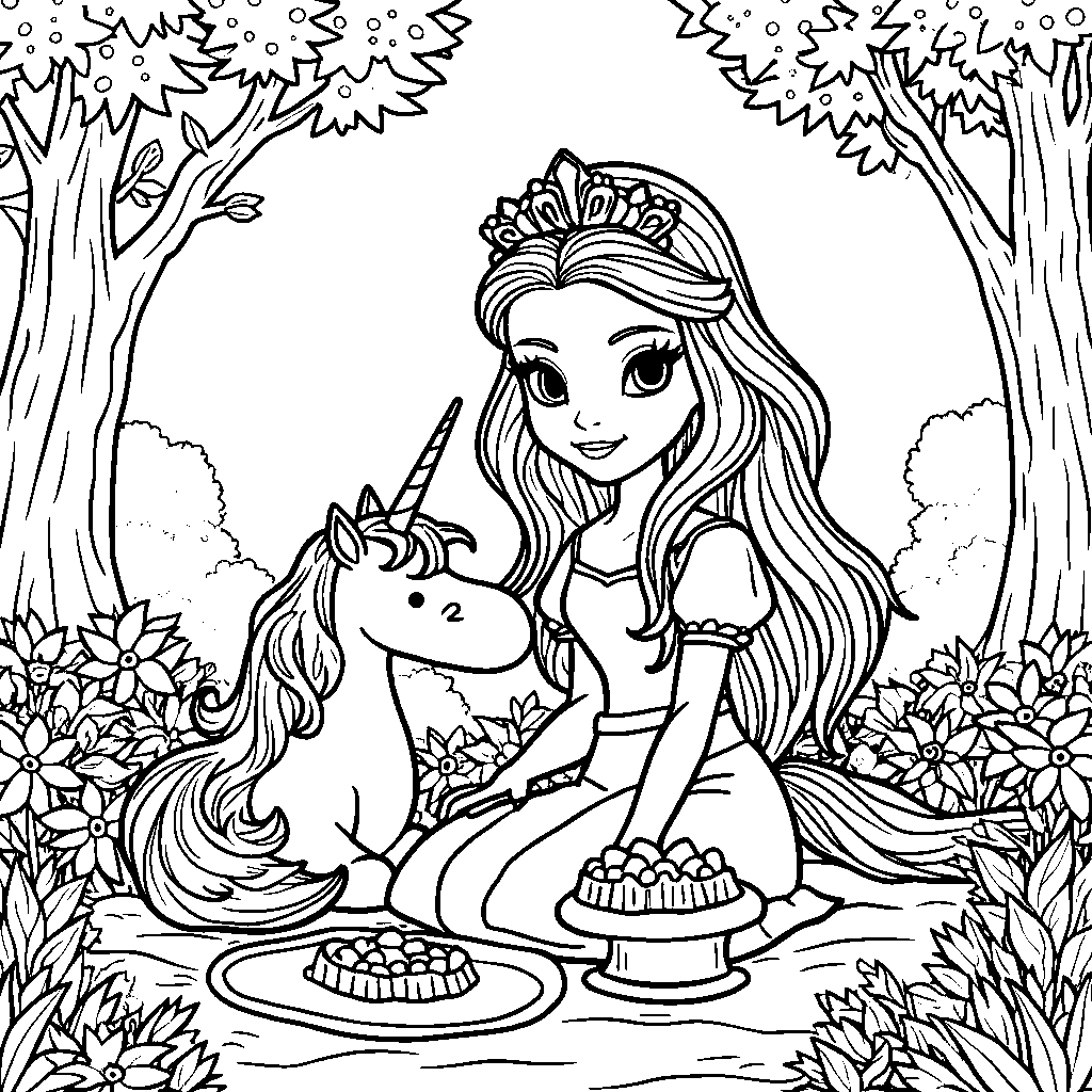 A princess and her pet unicorn having a picnic