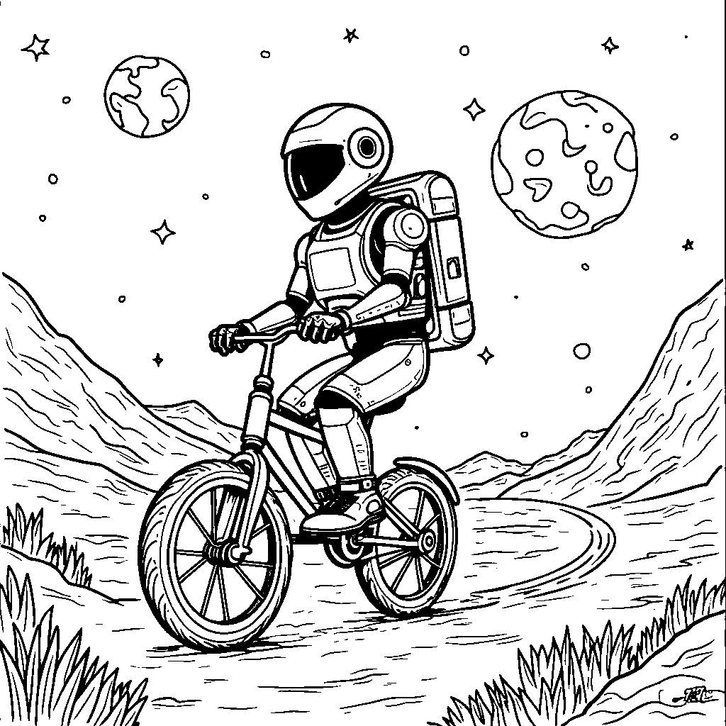 A robot riding a unicycle on the moon