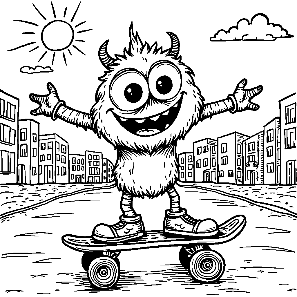 A happy monster riding a skateboard