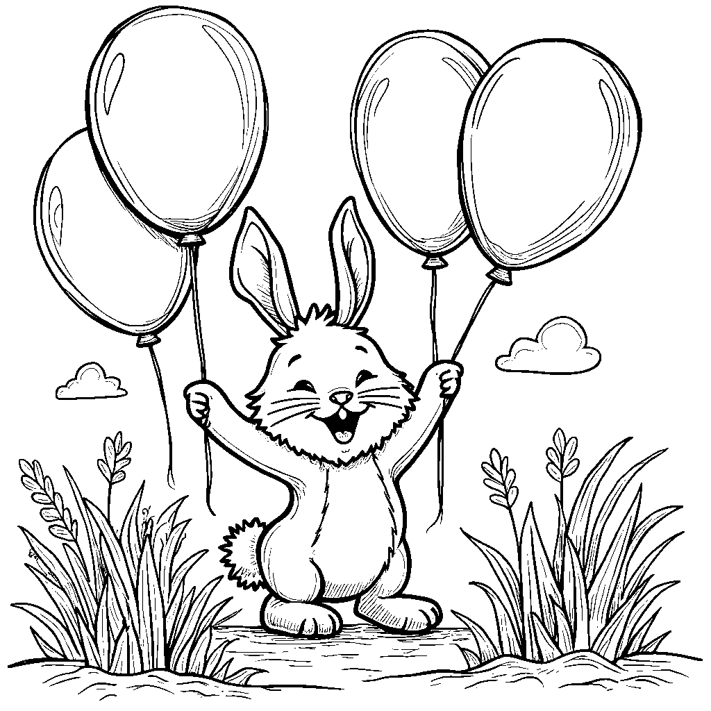 A happy rabbit playing with a bunch of balloons