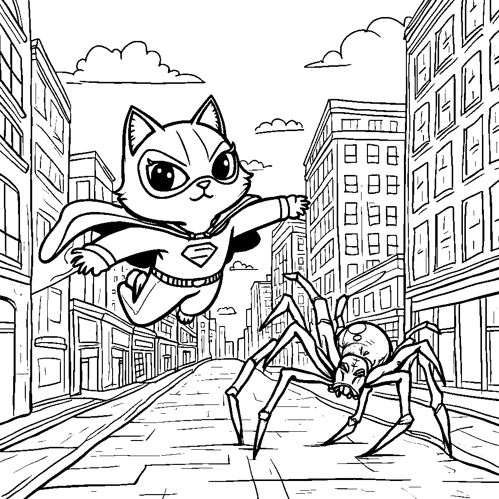 A superhero cat saving the city from a giant spider