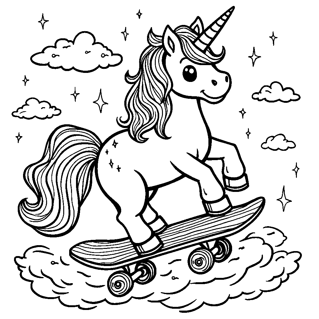 Unicorn riding a rainbow-colored skateboard