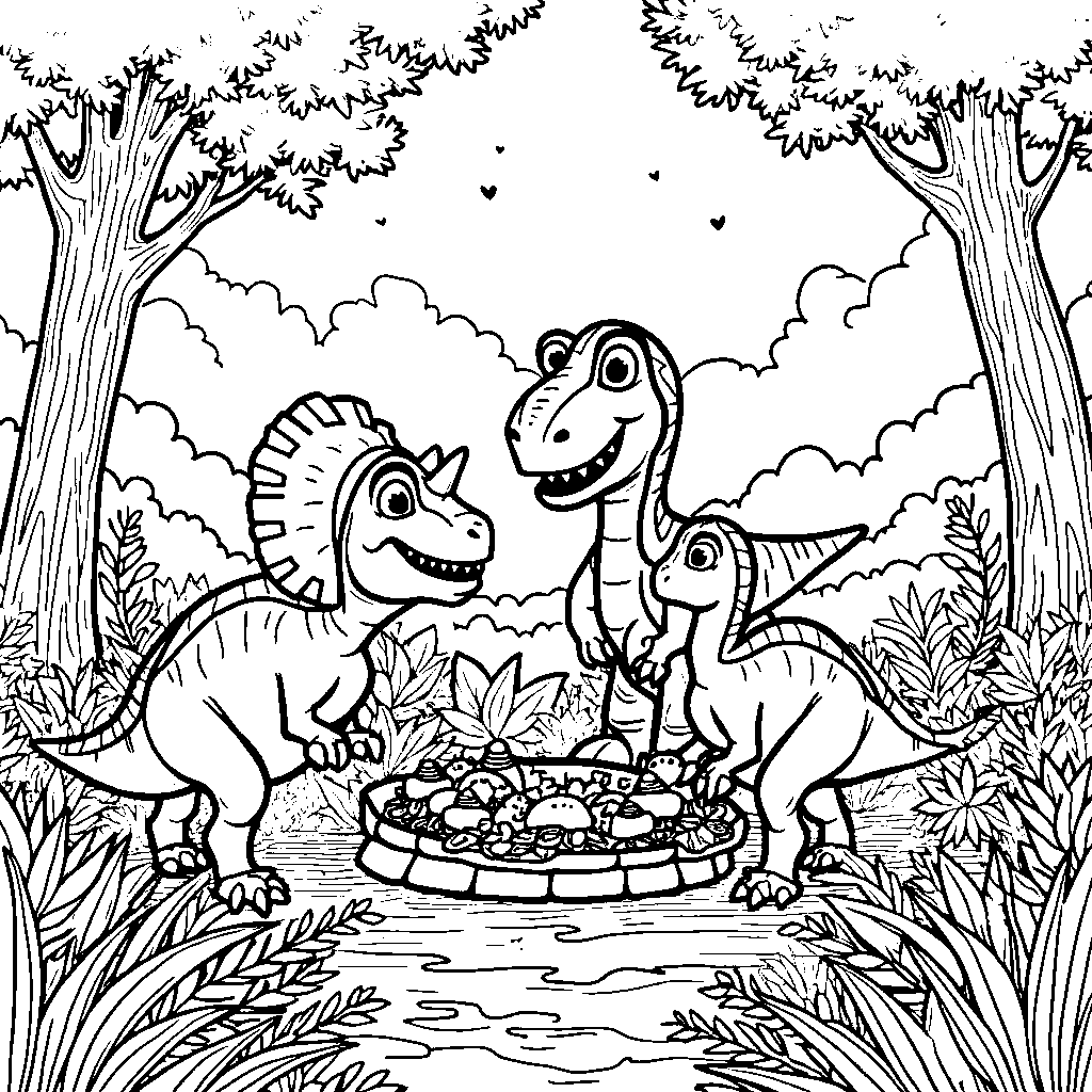 Dinosaur family having a picnic