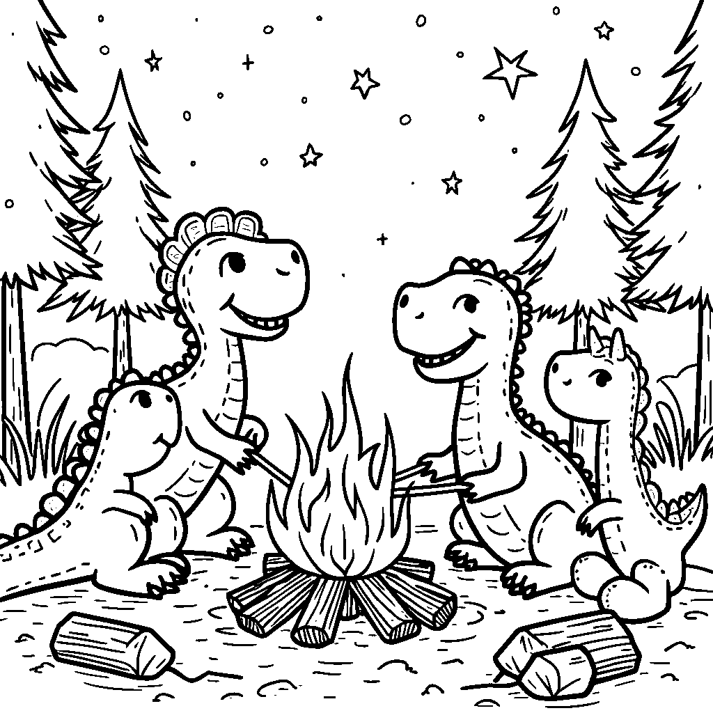 Dinosaur friends having a campfire