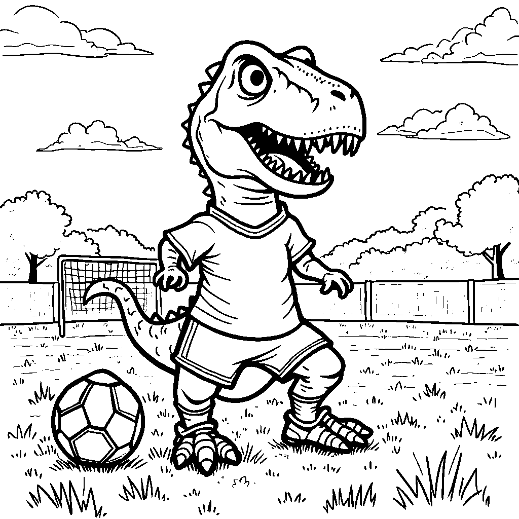 T-Rex playing soccer with a giant ball