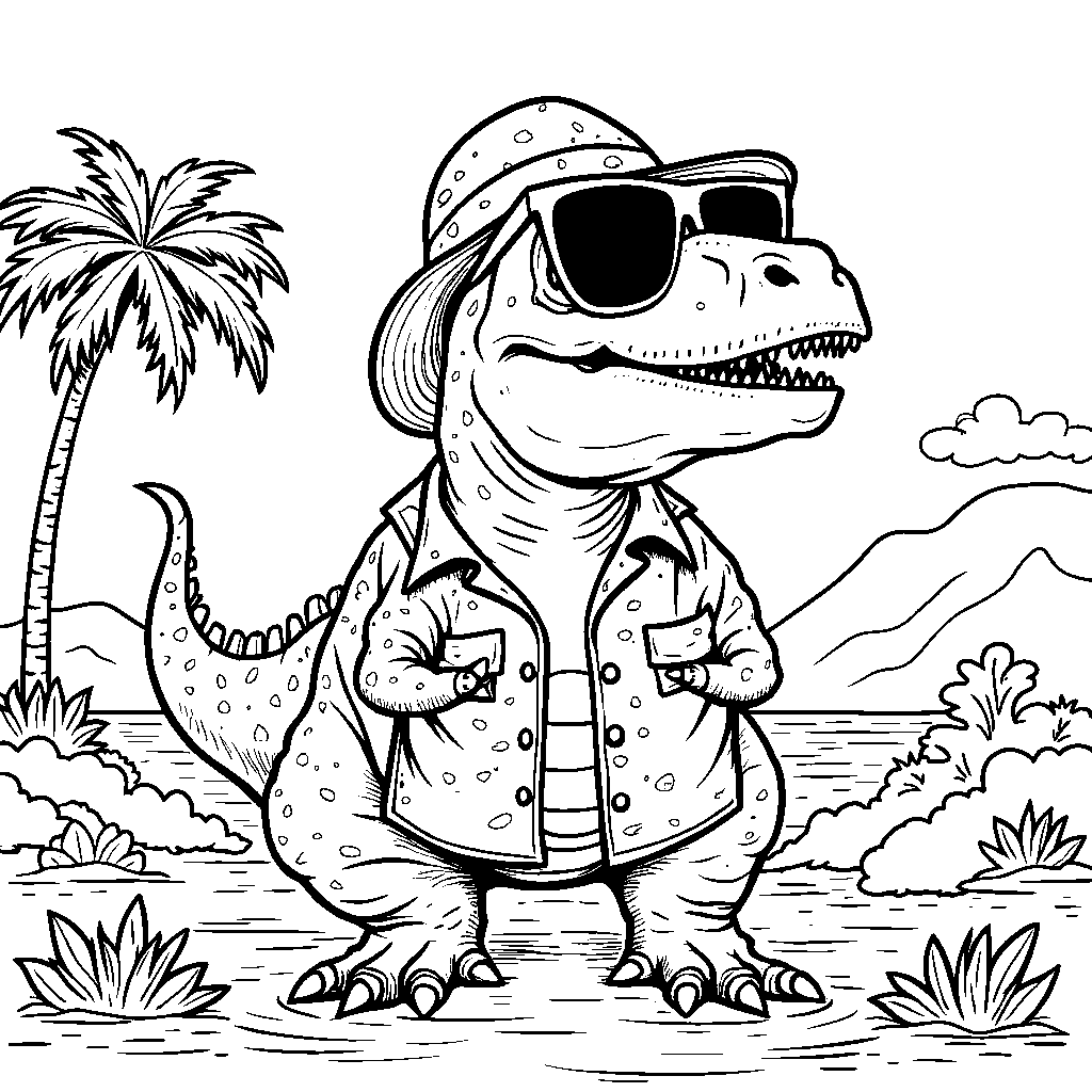 T-Rex wearing sunglasses and a Hawaiian shirt