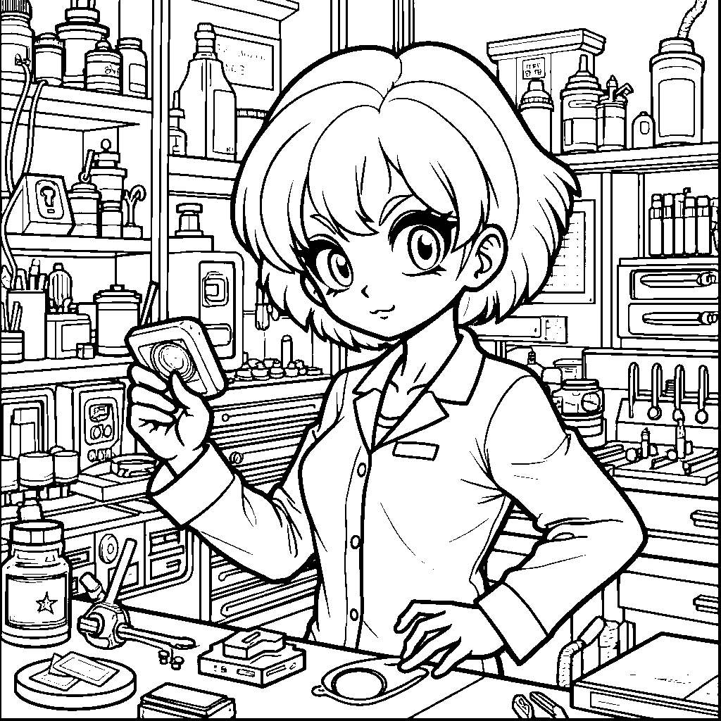 Bulma inventing a new gadget in her laboratory