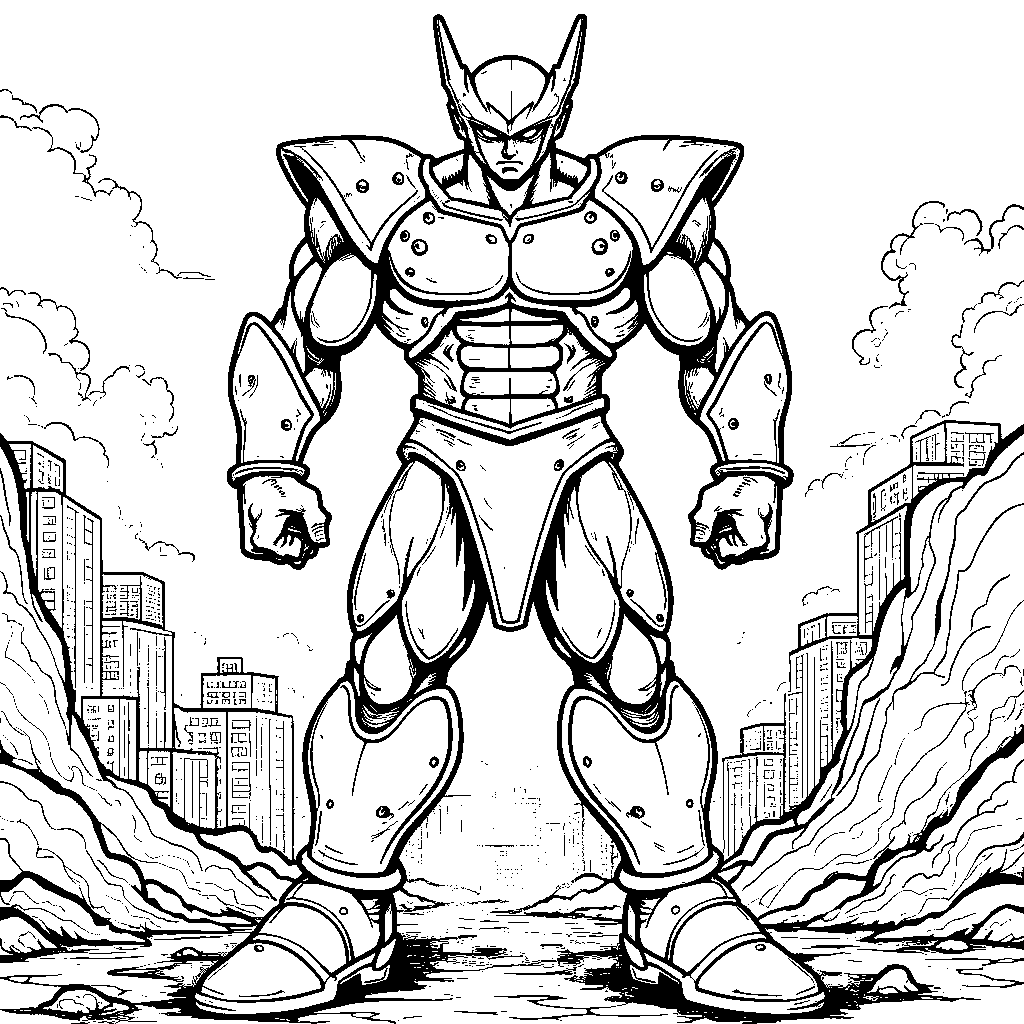 Cell in his perfect form with a cityscape behind him