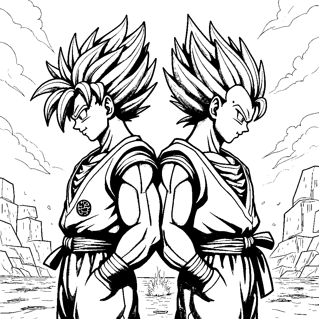 Goku and Vegeta fighting side by side