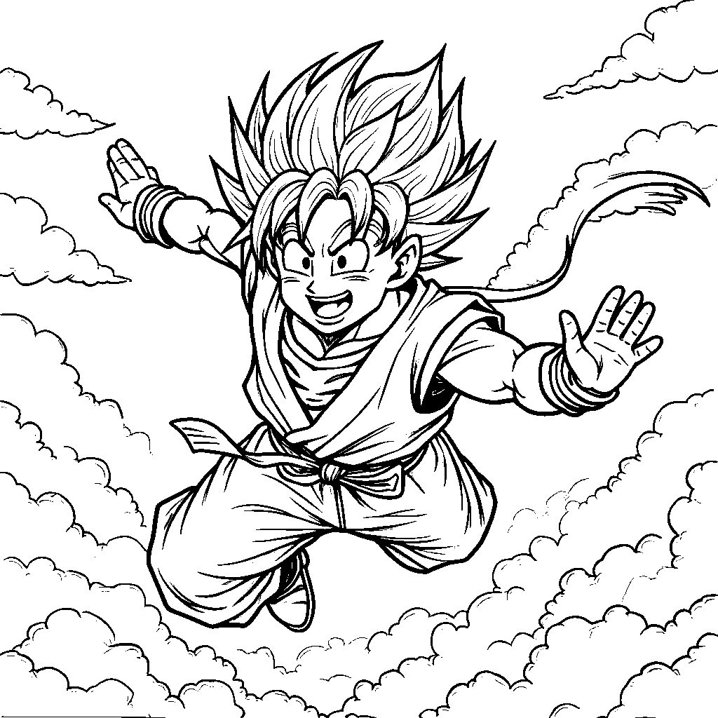 Goku flying through the air with a big smile