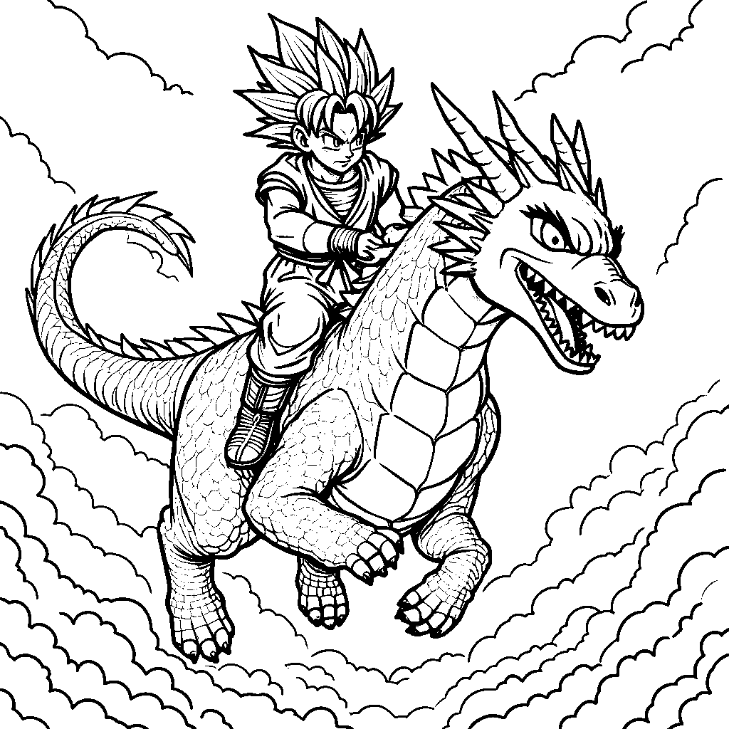 Goku riding on the back of a giant dragon