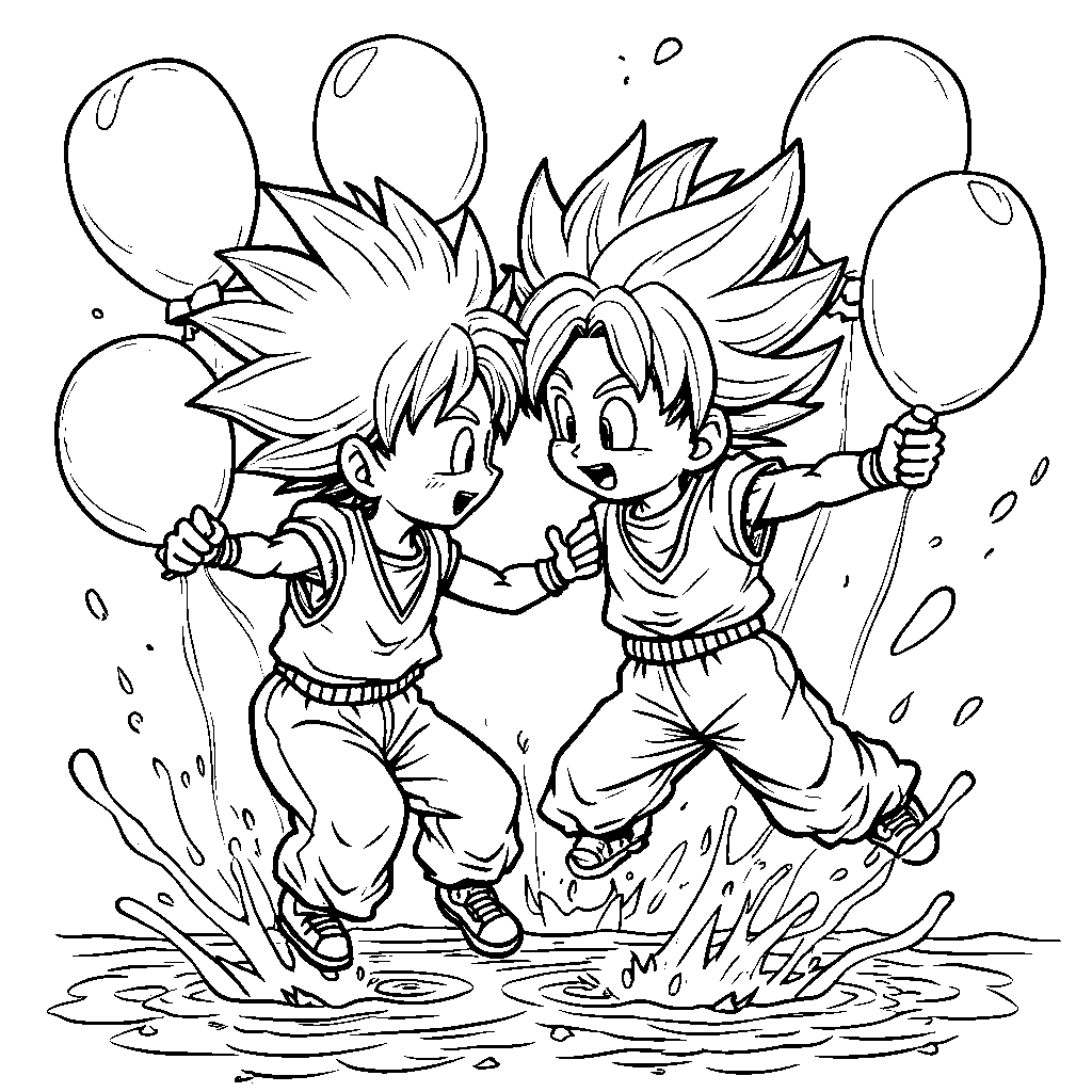 Goten and Trunks having a water balloon fight