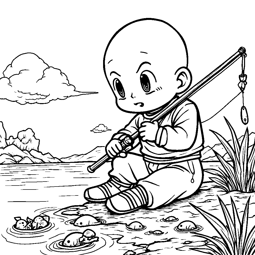 Krillin trying to catch a fish in a river