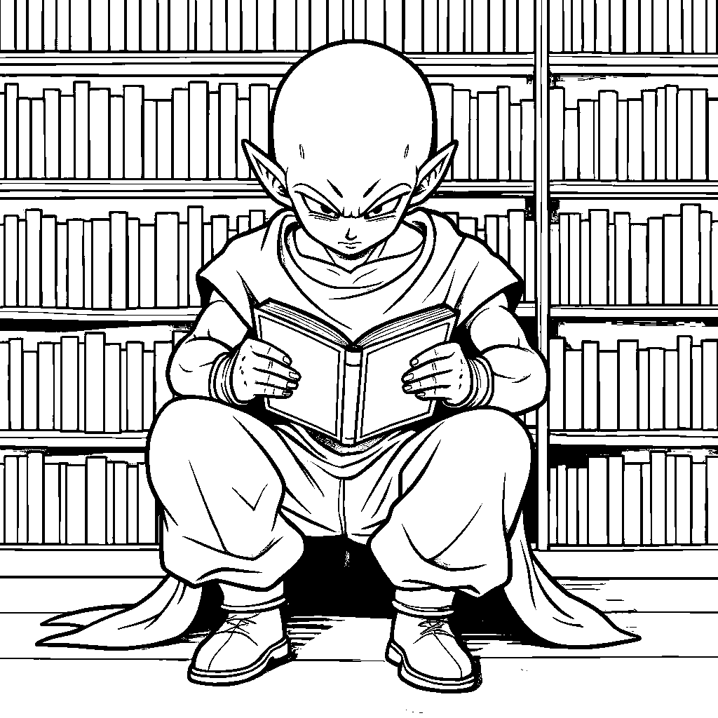 Piccolo reading a book in a quiet library