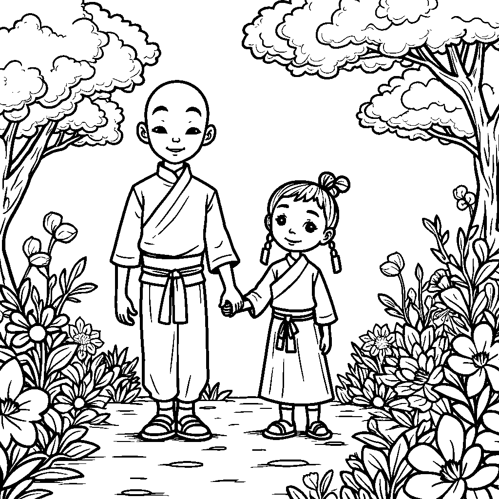 Tien and Chiaotzu walking through a beautiful garden