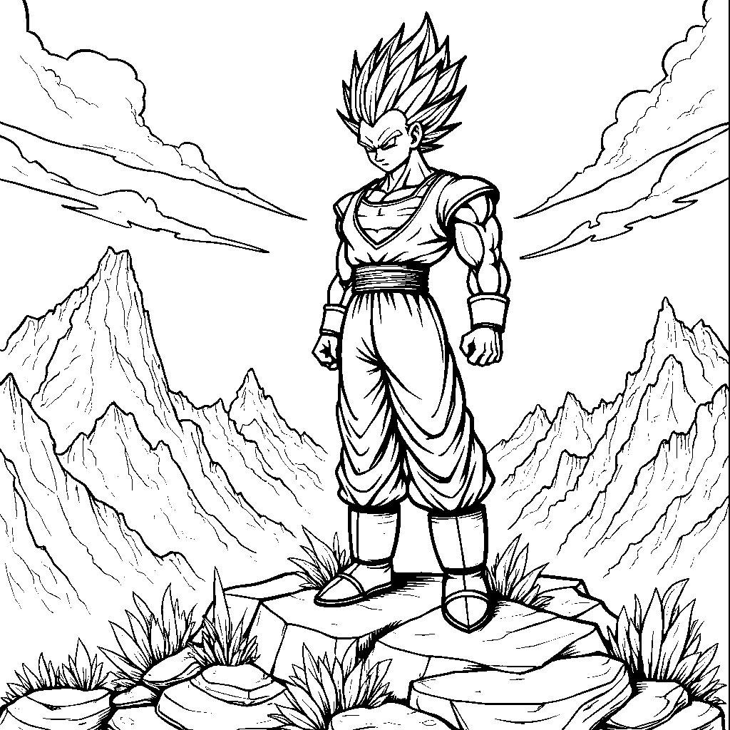 Vegeta standing on top of a mountain with his pride