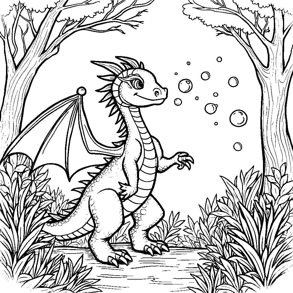 A dragon blowing bubbles in a magical forest