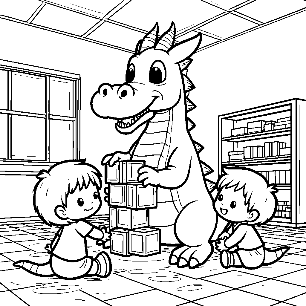 A dragon building with blocks in a kindergarten classroom