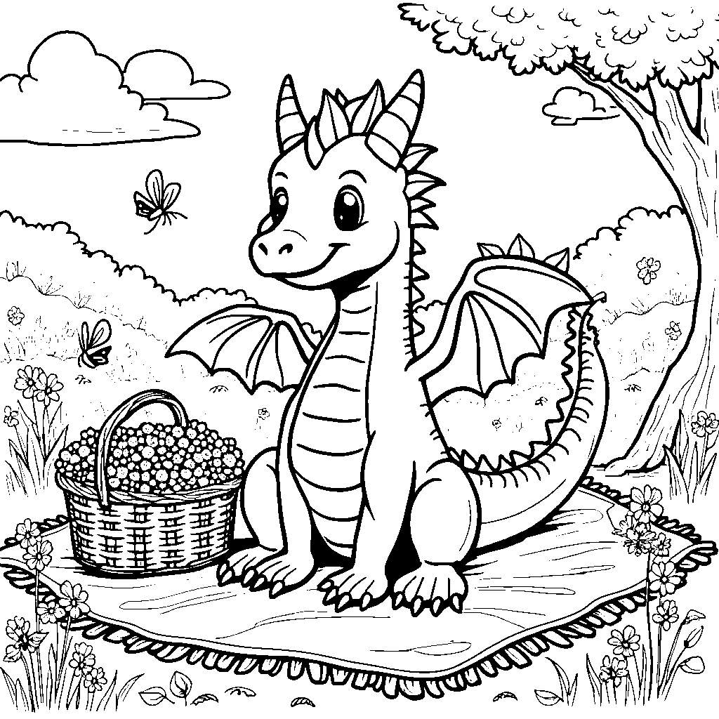 A dragon enjoying a picnic in a beautiful meadow