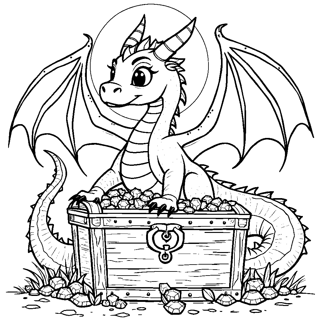 A dragon guarding a treasure chest filled with glittering jewels