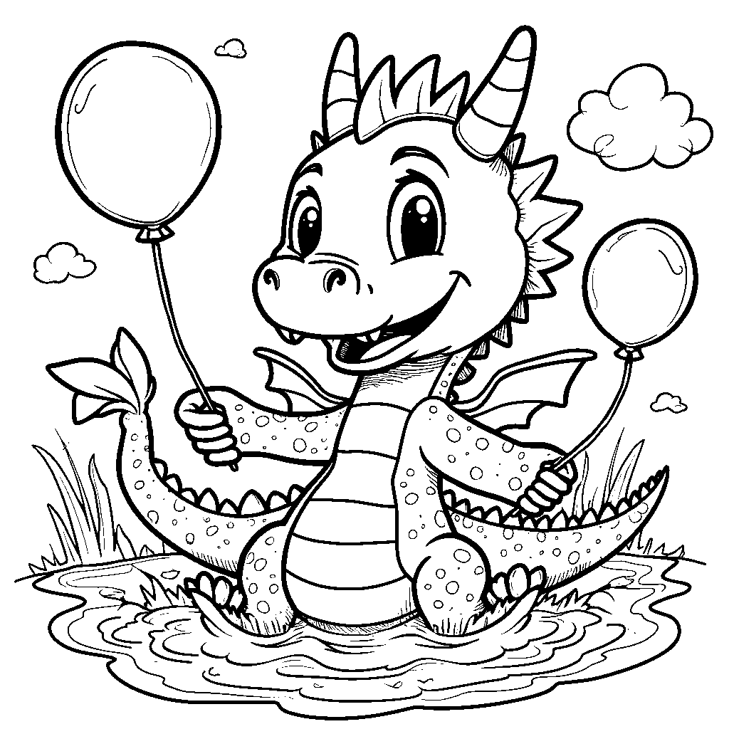 A dragon having a water balloon fight with friends