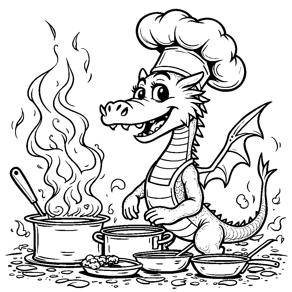 A dragon in a chef's hat cooking up a storm in a kitchen