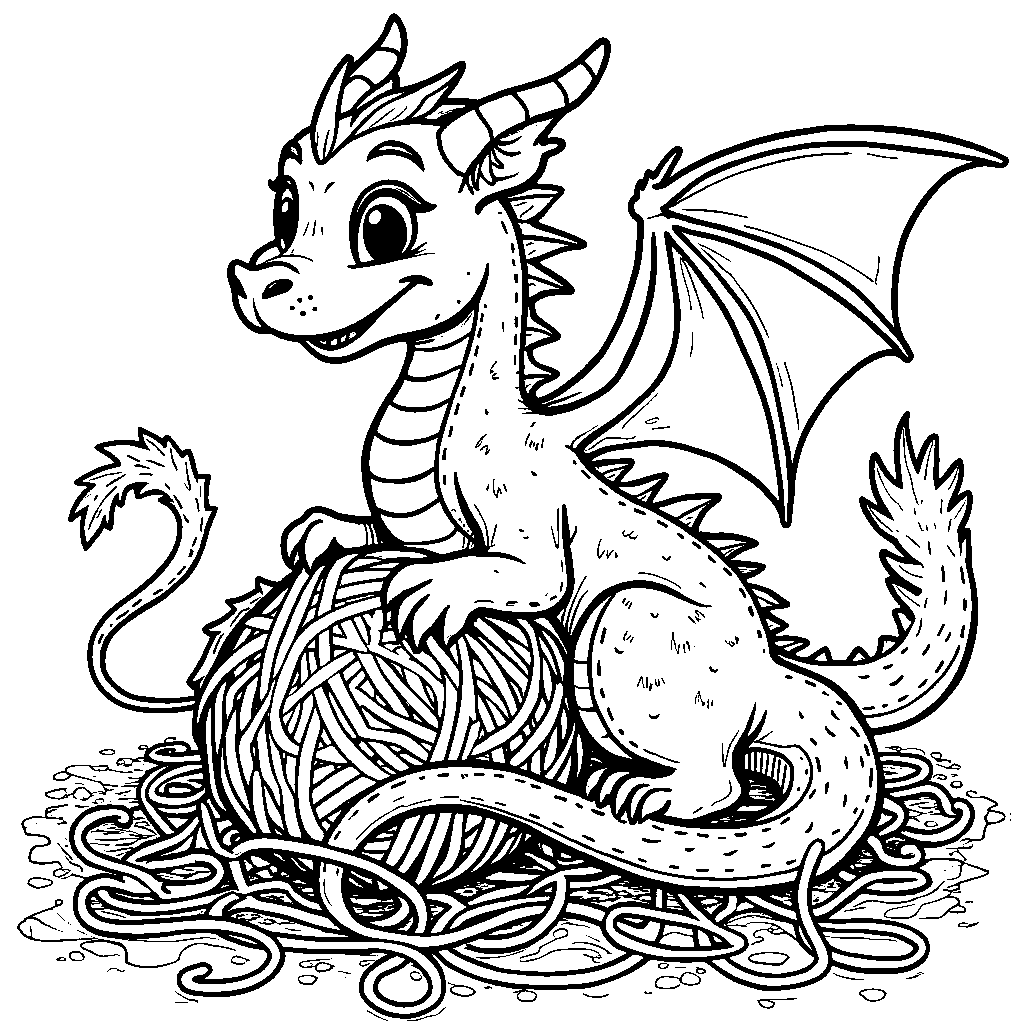 A dragon playing with a ball of yarn like a giant cat